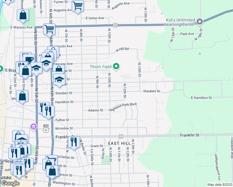 map of restaurants, bars, coffee shops, grocery stores, and more near 1014 Hamilton Street in Wausau
