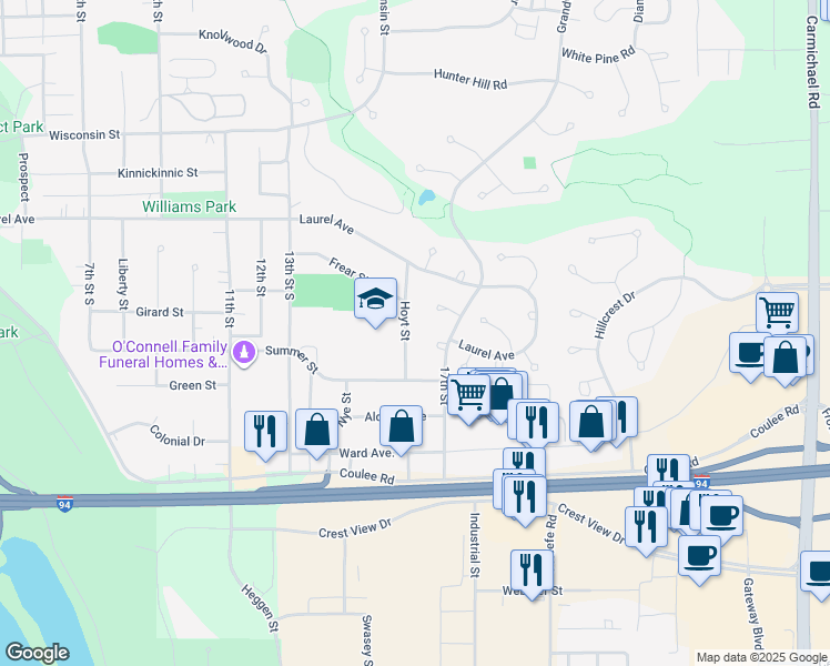 map of restaurants, bars, coffee shops, grocery stores, and more near 202 Hoyt Street in Hudson