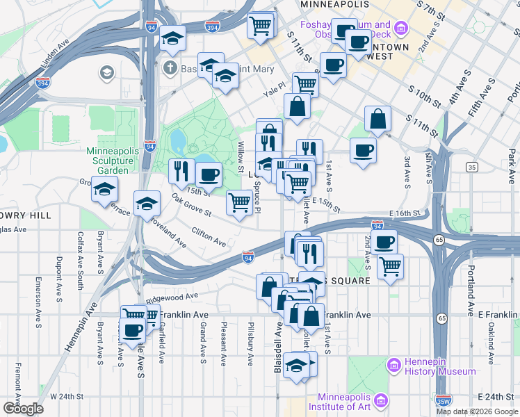 map of restaurants, bars, coffee shops, grocery stores, and more near 1511 Spruce Place in Minneapolis