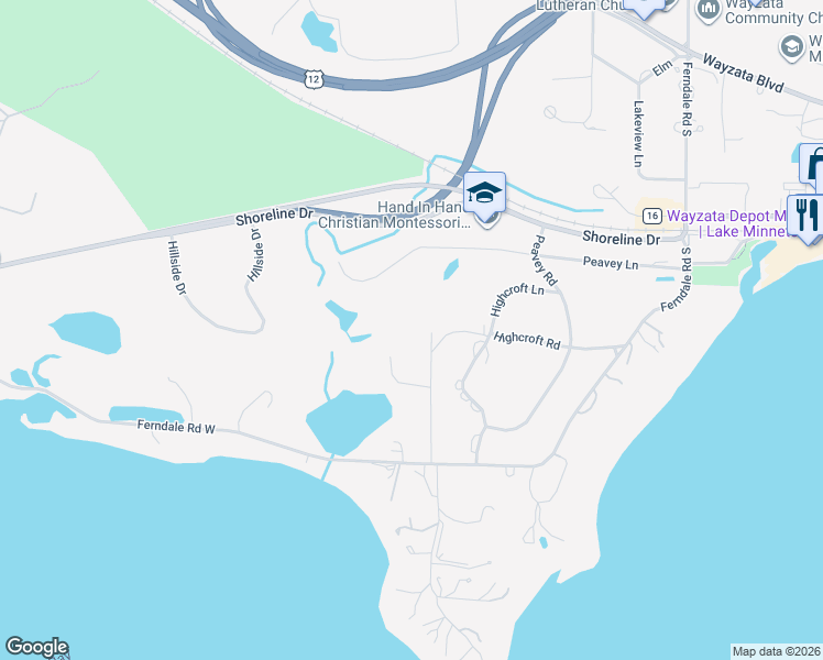 map of restaurants, bars, coffee shops, grocery stores, and more near 425 Ferndale Woods Road in Wayzata