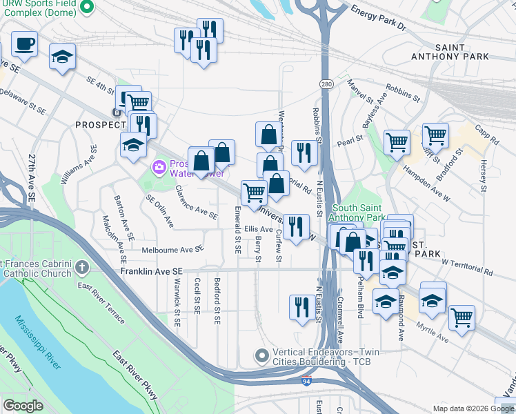 map of restaurants, bars, coffee shops, grocery stores, and more near University Ave W & Berry St in St Paul