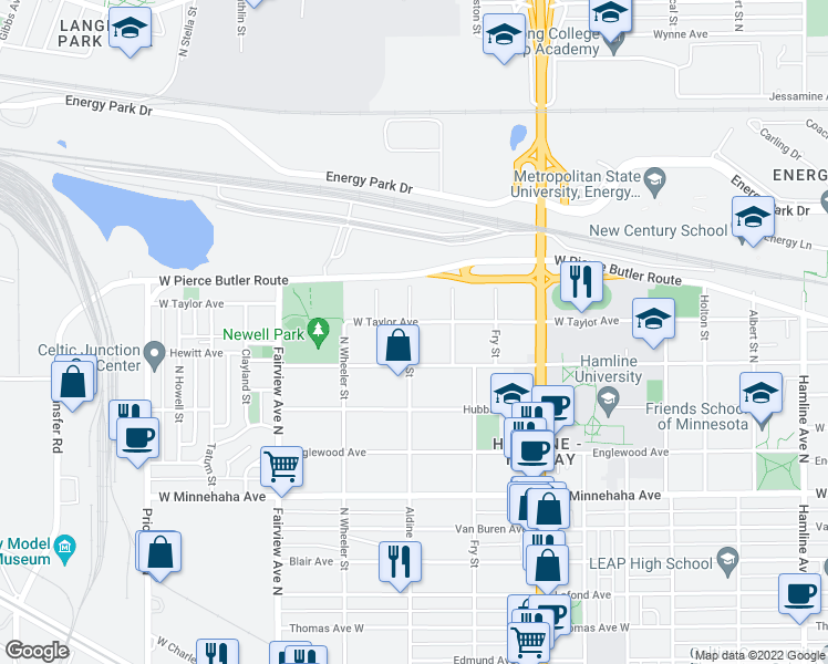 map of restaurants, bars, coffee shops, grocery stores, and more near 1698 West Taylor Avenue in Saint Paul