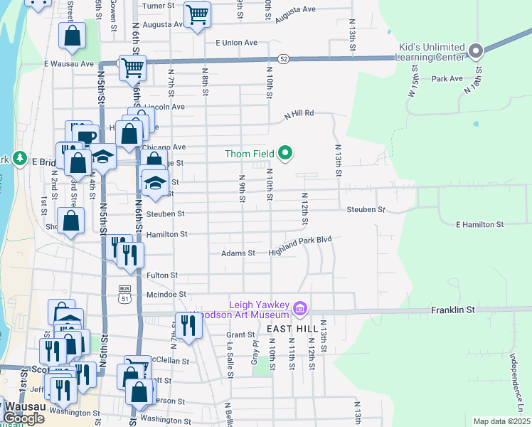 map of restaurants, bars, coffee shops, grocery stores, and more near 918 Hamilton Street in Wausau