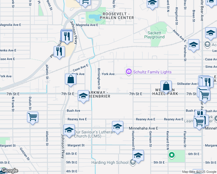 map of restaurants, bars, coffee shops, grocery stores, and more near 1453 7th Street East in Saint Paul