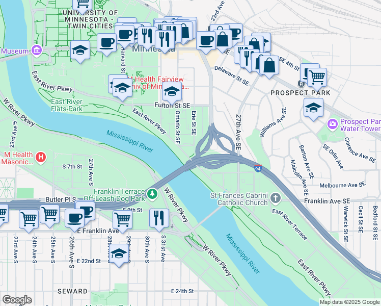 map of restaurants, bars, coffee shops, grocery stores, and more near 911 East River Parkway in Minneapolis