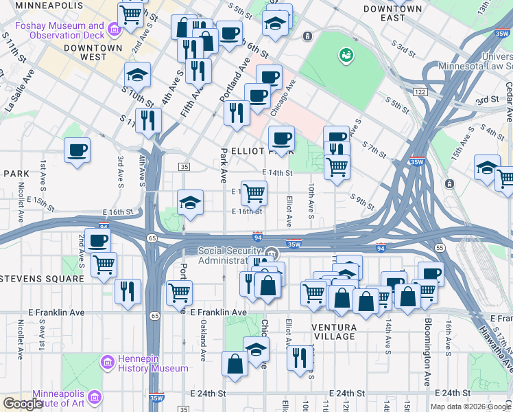 map of restaurants, bars, coffee shops, grocery stores, and more near 1603 Chicago Avenue in Minneapolis