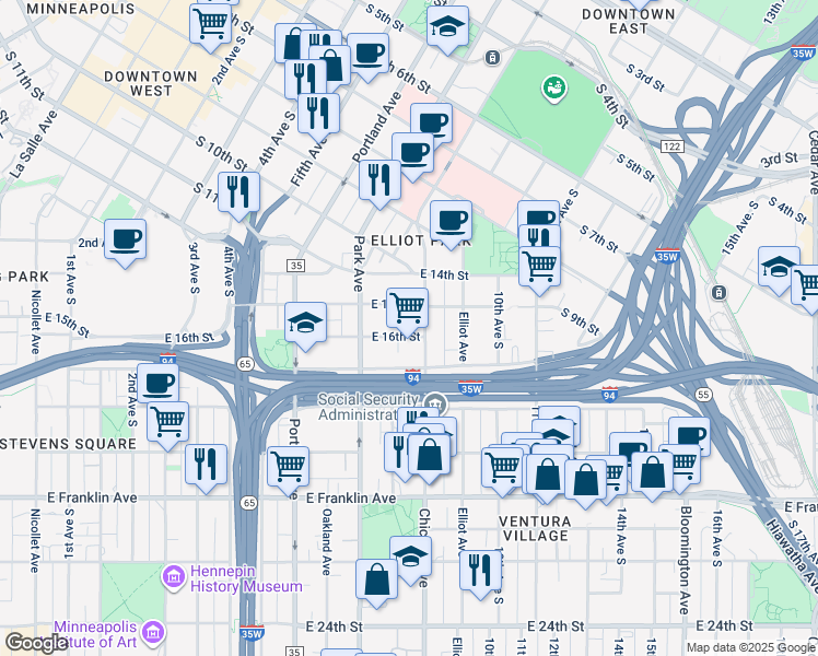 map of restaurants, bars, coffee shops, grocery stores, and more near 1603 Chicago Avenue in Minneapolis