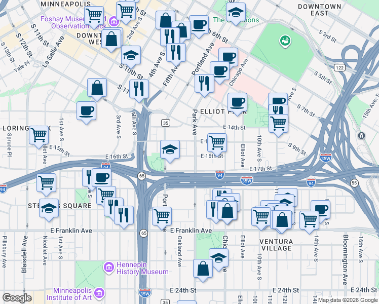 map of restaurants, bars, coffee shops, grocery stores, and more near 1600 Park Avenue in Minneapolis