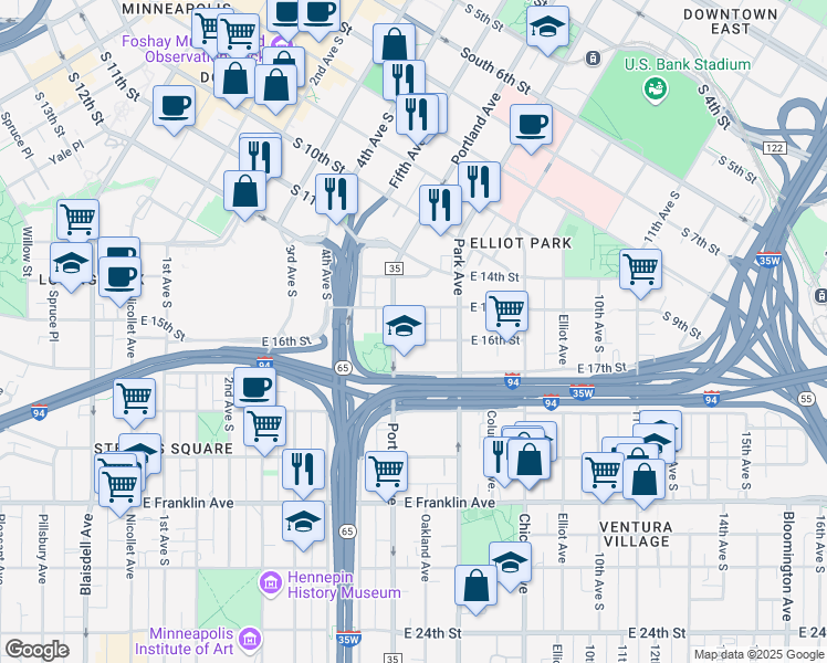map of restaurants, bars, coffee shops, grocery stores, and more near 611 East 16th Street in Minneapolis