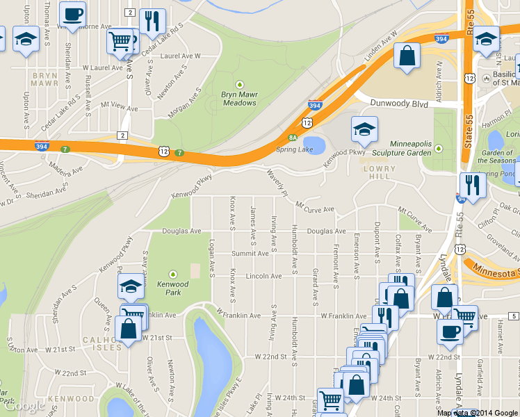 map of restaurants, bars, coffee shops, grocery stores, and more near 1726 Irving Avenue South in Minneapolis