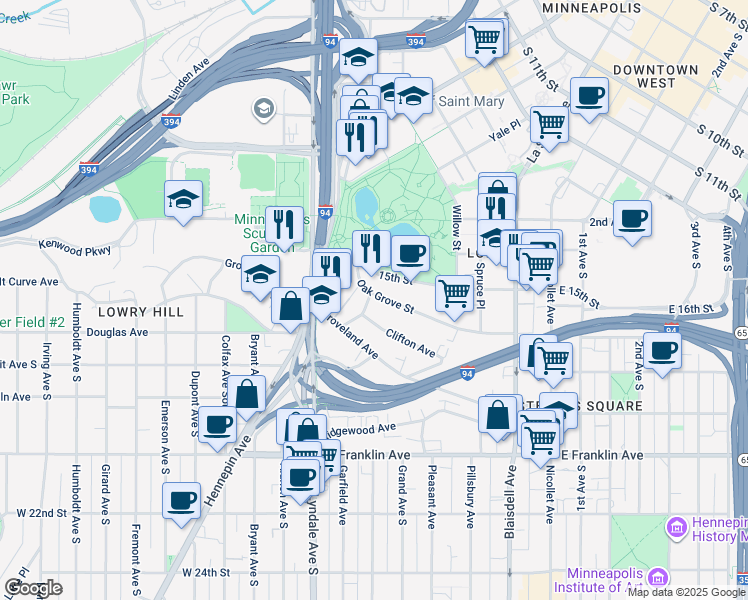 map of restaurants, bars, coffee shops, grocery stores, and more near 415 Oak Grove Street in Minneapolis