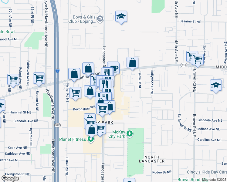 map of restaurants, bars, coffee shops, grocery stores, and more near 3284 Lancaster Drive Northeast in Salem