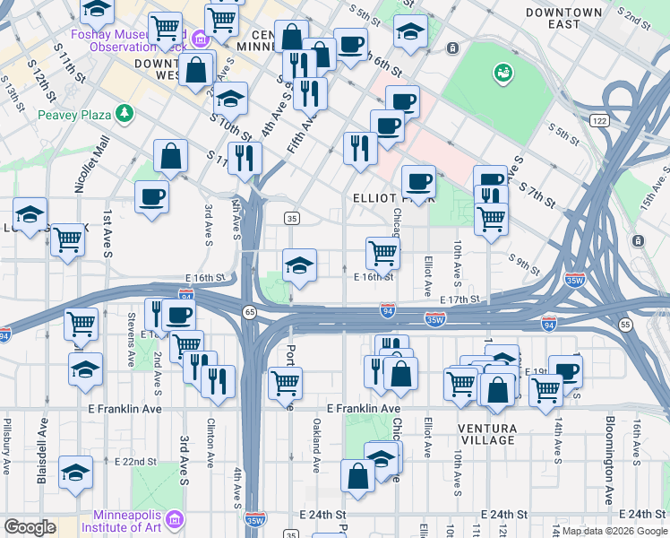 map of restaurants, bars, coffee shops, grocery stores, and more near 1600 Park Avenue in Minneapolis