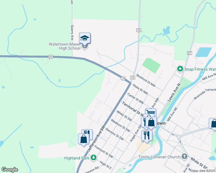 map of restaurants, bars, coffee shops, grocery stores, and more near 205 Jackson Avenue Southwest in Watertown