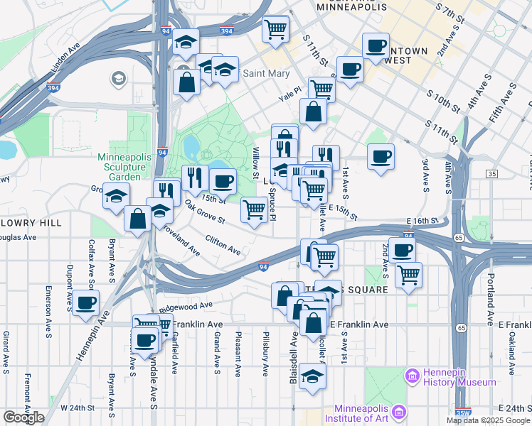 map of restaurants, bars, coffee shops, grocery stores, and more near 205 West 15th Street in Minneapolis