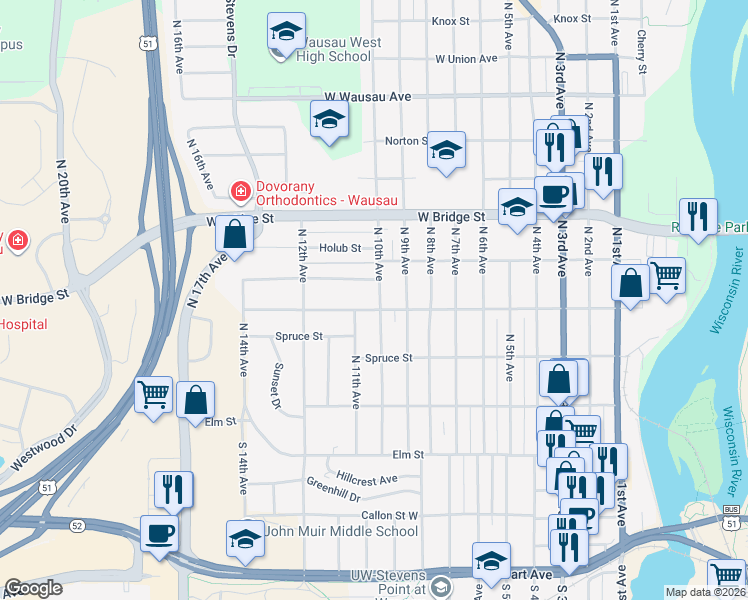 map of restaurants, bars, coffee shops, grocery stores, and more near 332 North 10th Avenue in Wausau