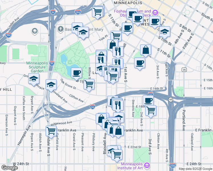 map of restaurants, bars, coffee shops, grocery stores, and more near 1501 La Salle Avenue in Minneapolis