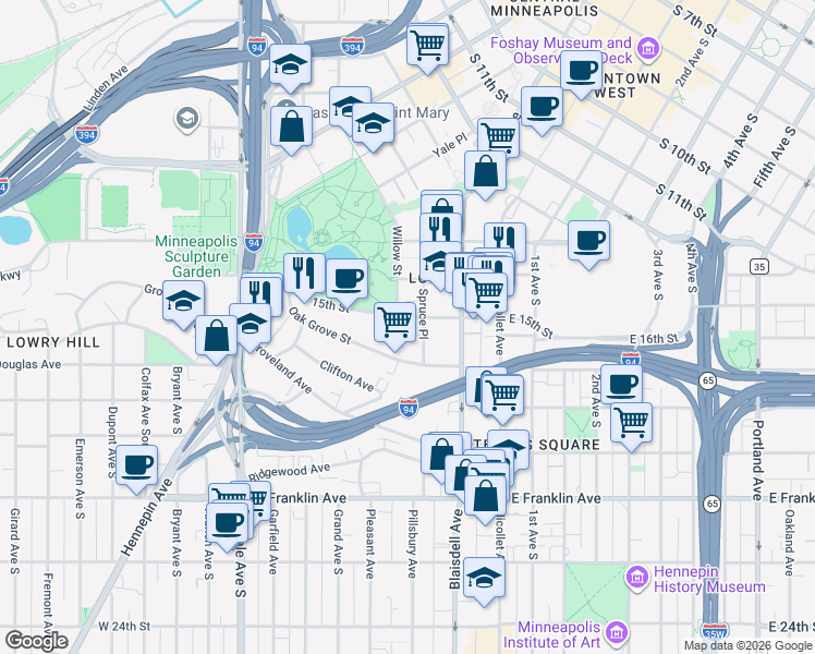 map of restaurants, bars, coffee shops, grocery stores, and more near 209 West 15th Street in Minneapolis