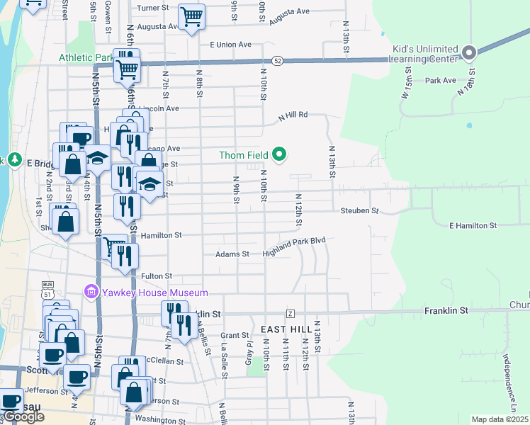 map of restaurants, bars, coffee shops, grocery stores, and more near 1301 North 10th Street in Wausau