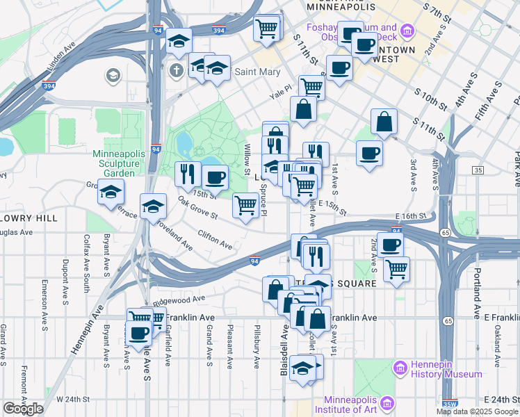 map of restaurants, bars, coffee shops, grocery stores, and more near 201 West 15th Street in Minneapolis