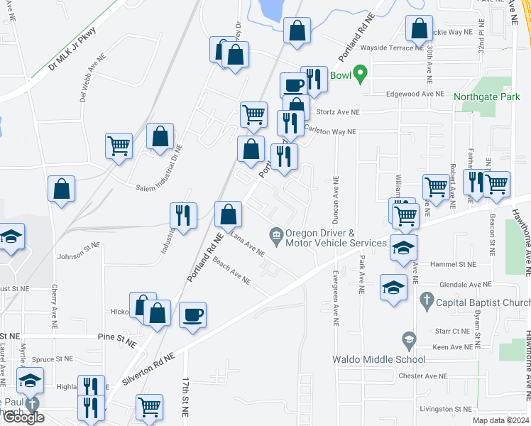 map of restaurants, bars, coffee shops, grocery stores, and more near 1827-1861 Highway Avenue Northeast in Salem