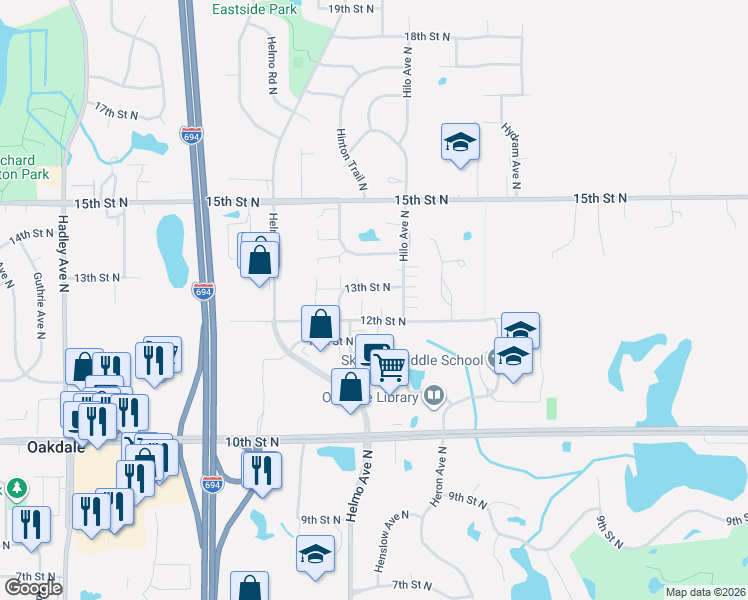 map of restaurants, bars, coffee shops, grocery stores, and more near 7606 12th Street North in Saint Paul