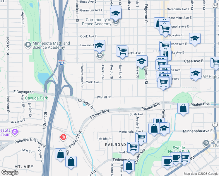 map of restaurants, bars, coffee shops, grocery stores, and more near 858 Desoto Street in Saint Paul