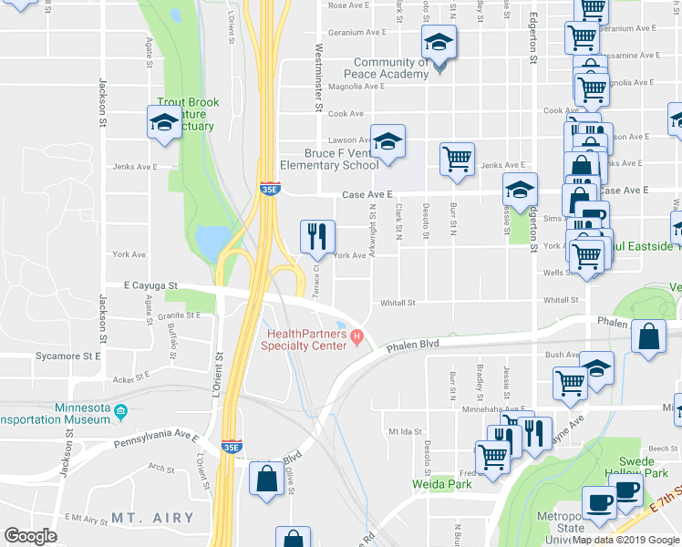 map of restaurants, bars, coffee shops, grocery stores, and more near in Saint Paul