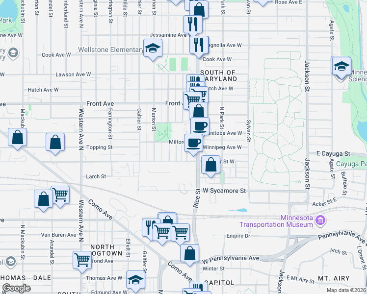 map of restaurants, bars, coffee shops, grocery stores, and more near 852 Albemarle Street in Saint Paul