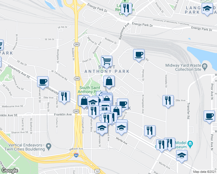 map of restaurants, bars, coffee shops, grocery stores, and more near 857 Raymond Avenue in Saint Paul