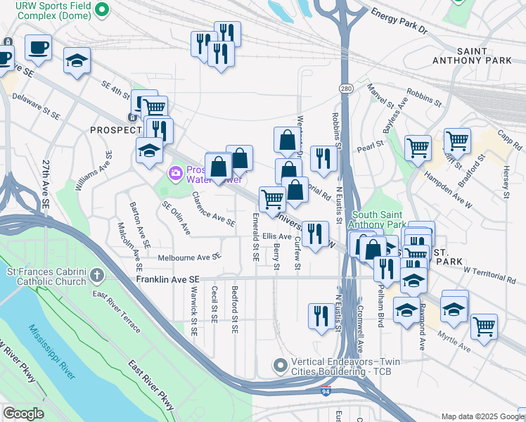 map of restaurants, bars, coffee shops, grocery stores, and more near 2650 University Avenue West in Saint Paul