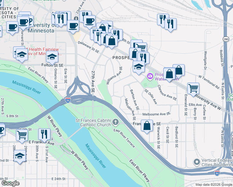 map of restaurants, bars, coffee shops, grocery stores, and more near 156 Arthur Avenue Southeast in Minneapolis
