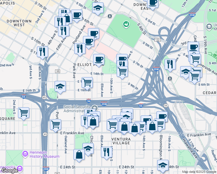 map of restaurants, bars, coffee shops, grocery stores, and more near 1607 10th Avenue South in Minneapolis