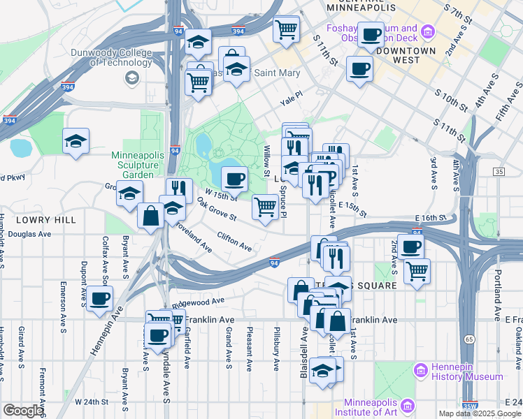 map of restaurants, bars, coffee shops, grocery stores, and more near in Minneapolis