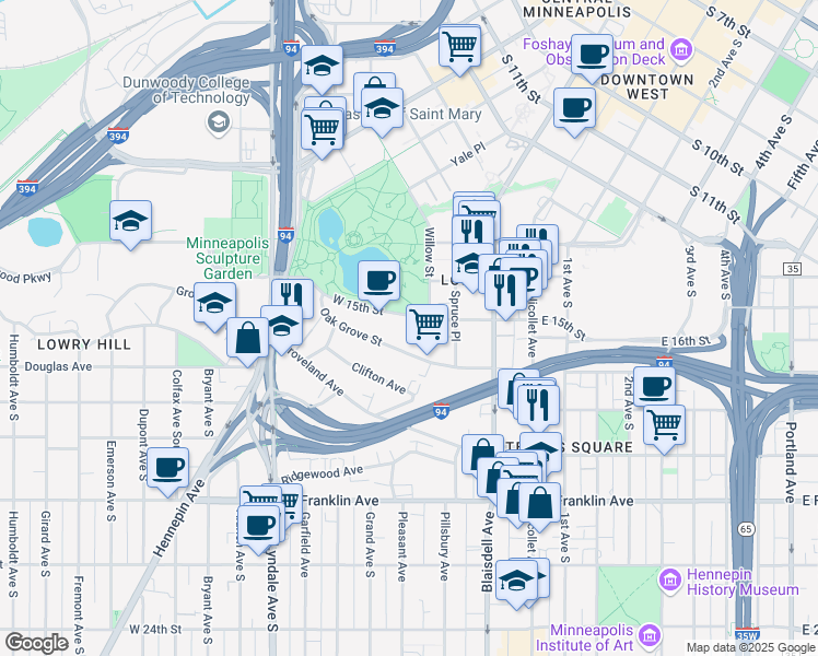 map of restaurants, bars, coffee shops, grocery stores, and more near in Minneapolis