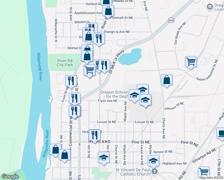 map of restaurants, bars, coffee shops, grocery stores, and more near 567 Bliler Avenue Northeast in Salem