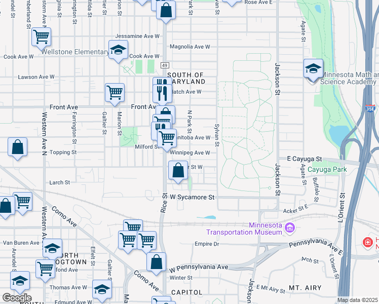 map of restaurants, bars, coffee shops, grocery stores, and more near 869 North Park Street in Saint Paul