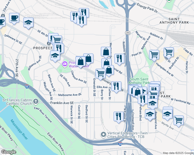 map of restaurants, bars, coffee shops, grocery stores, and more near 2700 University Ave W in St Paul