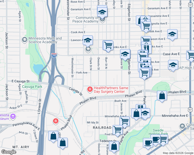 map of restaurants, bars, coffee shops, grocery stores, and more near 858 Desoto Street in Saint Paul