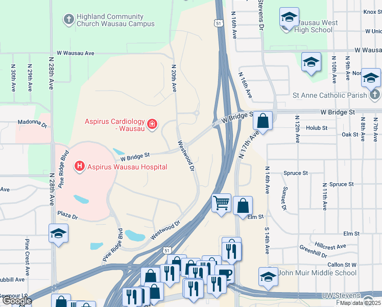 map of restaurants, bars, coffee shops, grocery stores, and more near 413 Westwood Drive in Wausau
