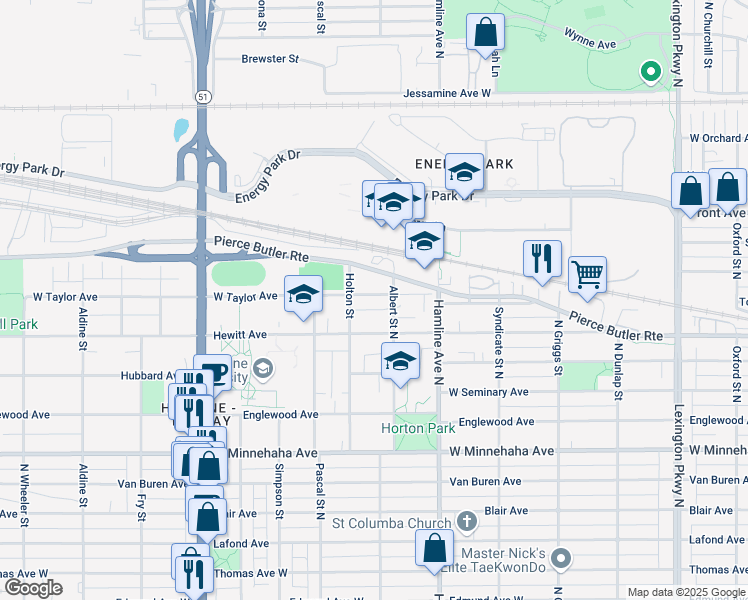 map of restaurants, bars, coffee shops, grocery stores, and more near 845 Albert Street North in Saint Paul