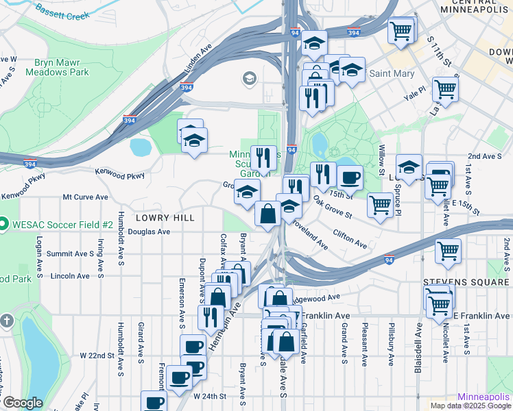 map of restaurants, bars, coffee shops, grocery stores, and more near 1752 Hennepin Avenue in Minneapolis