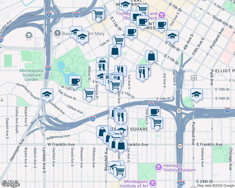 map of restaurants, bars, coffee shops, grocery stores, and more near 9 East 16th Street in Minneapolis