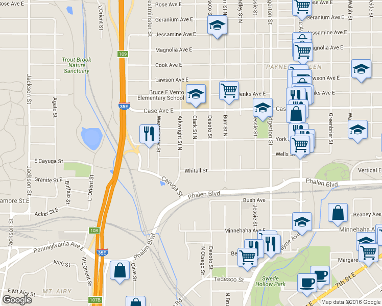 map of restaurants, bars, coffee shops, grocery stores, and more near 431 Whitall Street in Saint Paul