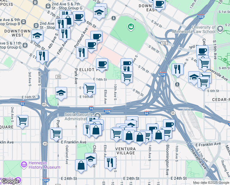 map of restaurants, bars, coffee shops, grocery stores, and more near 1607 10th Avenue South in Minneapolis