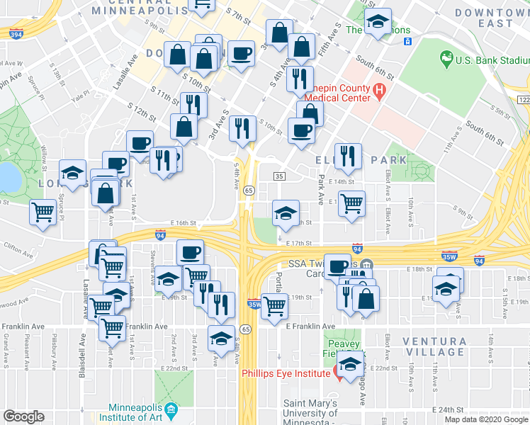 map of restaurants, bars, coffee shops, grocery stores, and more near 1600 Portland Avenue South in Minneapolis