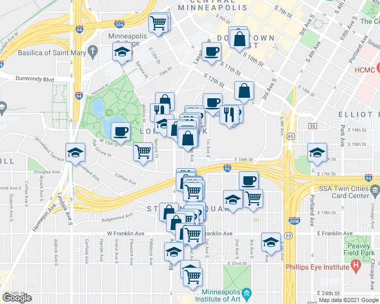 map of restaurants, bars, coffee shops, grocery stores, and more near 9 East 16th Street in Minneapolis