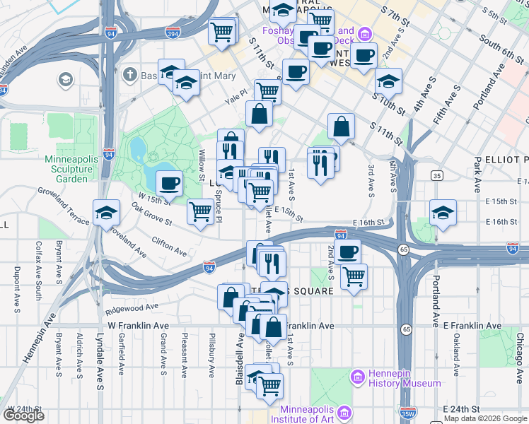 map of restaurants, bars, coffee shops, grocery stores, and more near 9 East 16th Street in Minneapolis