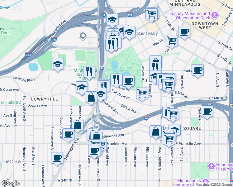 map of restaurants, bars, coffee shops, grocery stores, and more near 403 Oak Grove Street in Minneapolis