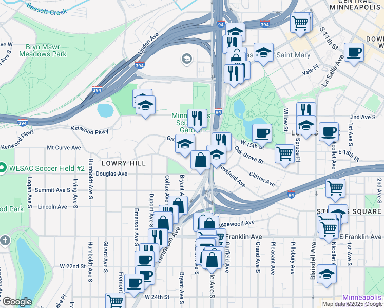 map of restaurants, bars, coffee shops, grocery stores, and more near 1752 Hennepin Avenue in Minneapolis